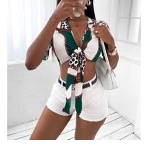 SHEIN Green and White Tie-Front Top